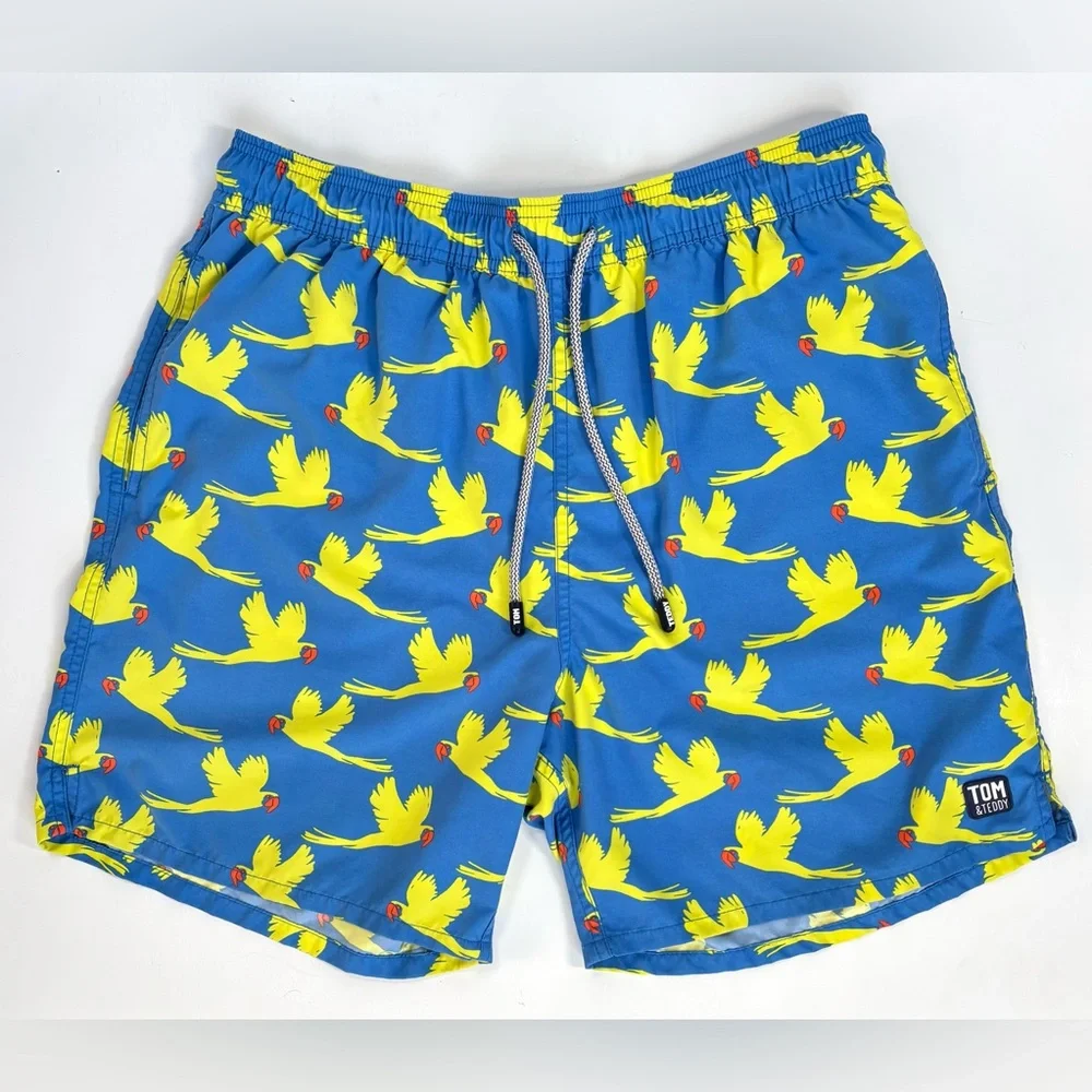 TOM & TEDDY‎ Parrot Swim Trunks Board Shorts 7” Blue Yellow Size Large EUC